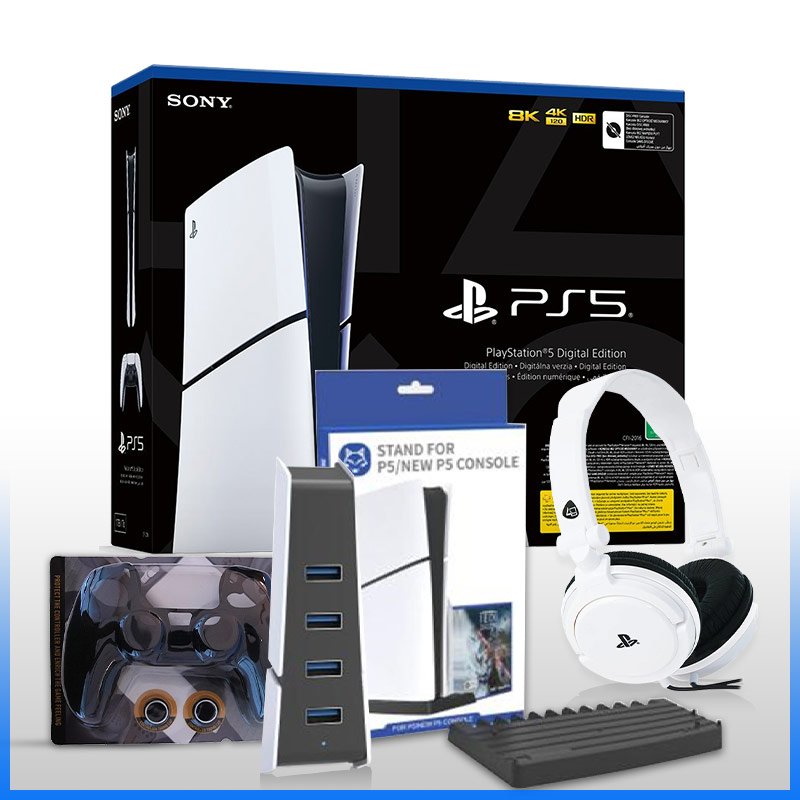 PS5 Digital Console Slim + 4Gamers Headsets + Siclicon Grips +PS5 Slim Stand + USB Hub + Slim Hard Bag
