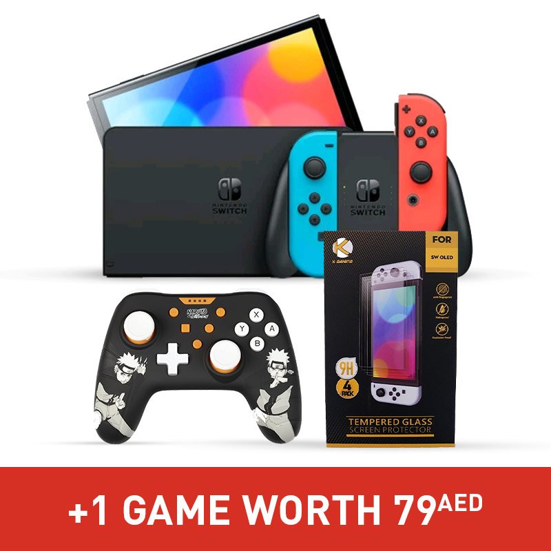 Switch Oled Neon + Tempered Glass Screen Protector + Konix Naruto Black Switch Controller + One 79aed Game
