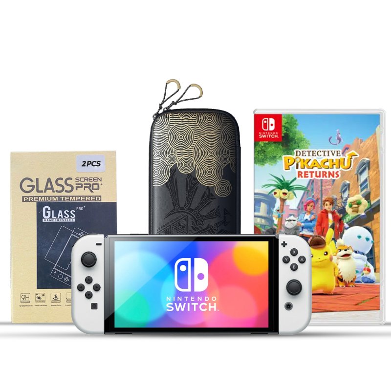Switch Console Oled White + Game + Screen Protector + Carring Case