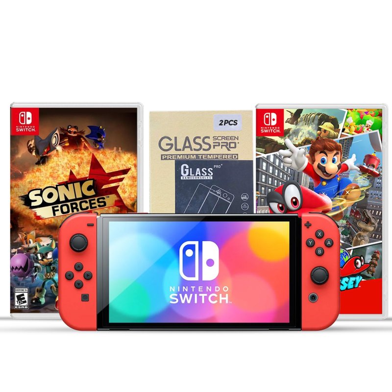 Switch Oled Console Mario Red Color + Two Game + Screen Protector