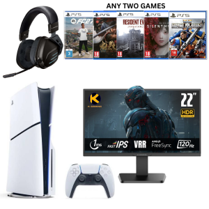 PS5 Slim Disc Edition Bundle with Any 2 PS5 Games, KGAMING K20 Wireless Headset & NEO 22-Inch Monitor