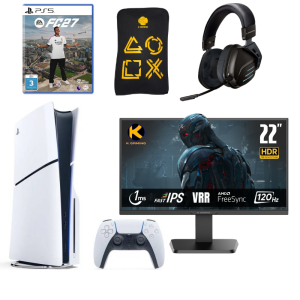 PS5 Slim Disc Edition Bundle with EA SPORTS FC 27, PS5 Carry Bag, Dust Cover, K20 Wireless Headset & NEO 22-Inch Monitor